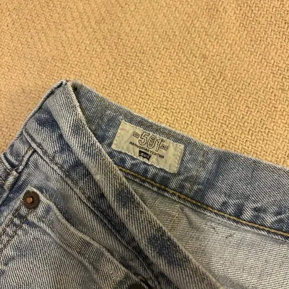 Levis 501 150th Anniversary Selvedge Distressed Patchwork Lightwash Jeans 34x34